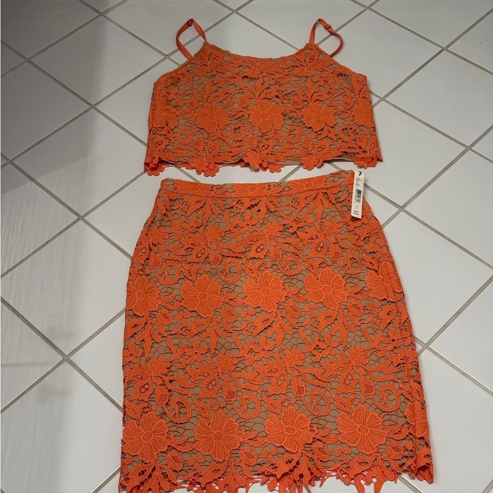 Orange Lace Two-Piece Skirt and Top Set